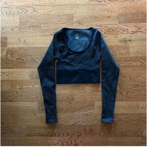 Aerie Offline Sidewalk Seamless Ribbed Scoop Crop Top Long Sleeve Shirt Black